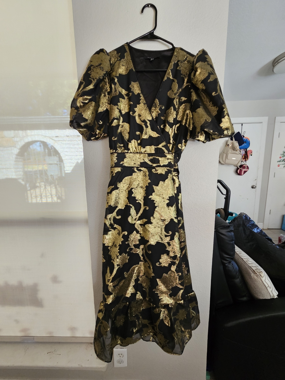 Black & Gold Floral Wrap Dress with Puff Sleeves